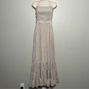 Miss Avenue‎ Women Maxi Dress Small Tan Tiered Cottagecore Boho Backless Smocked